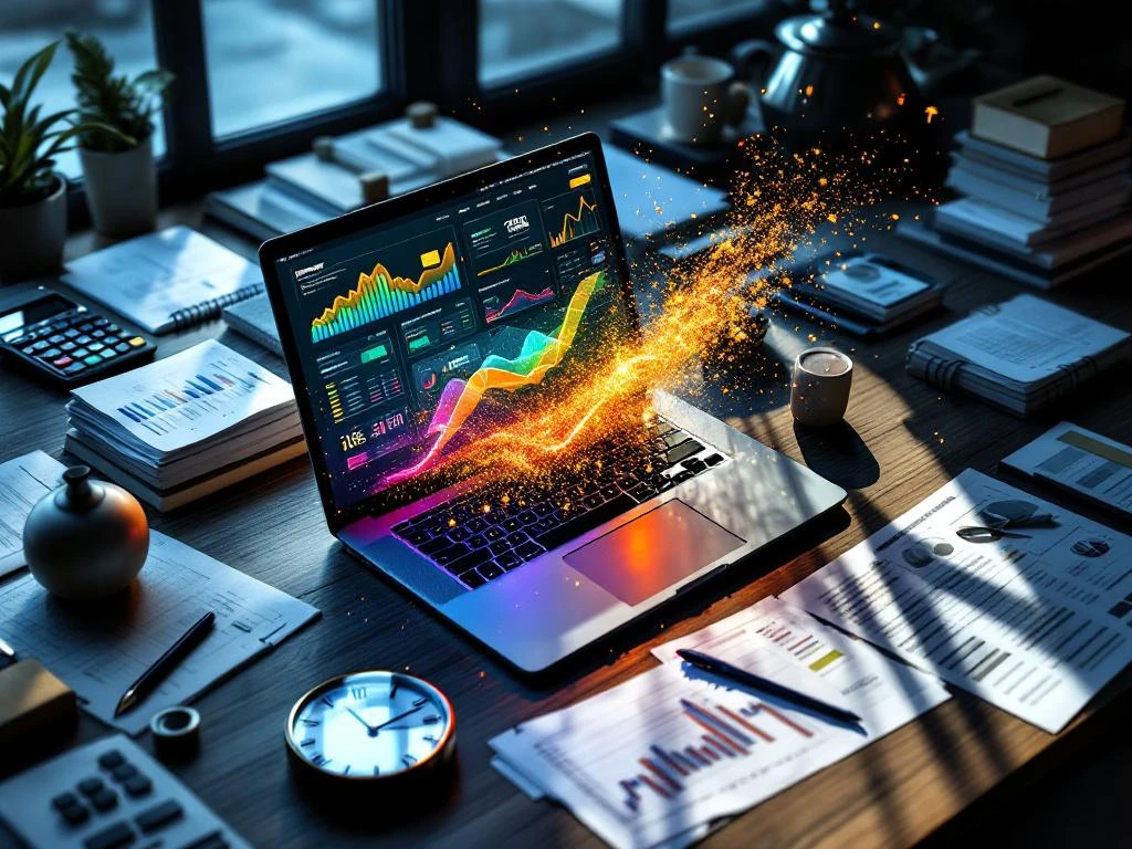 Laptop met financiële dashboards op modern bureau, papieren administratie lost op in digitale deeltjes