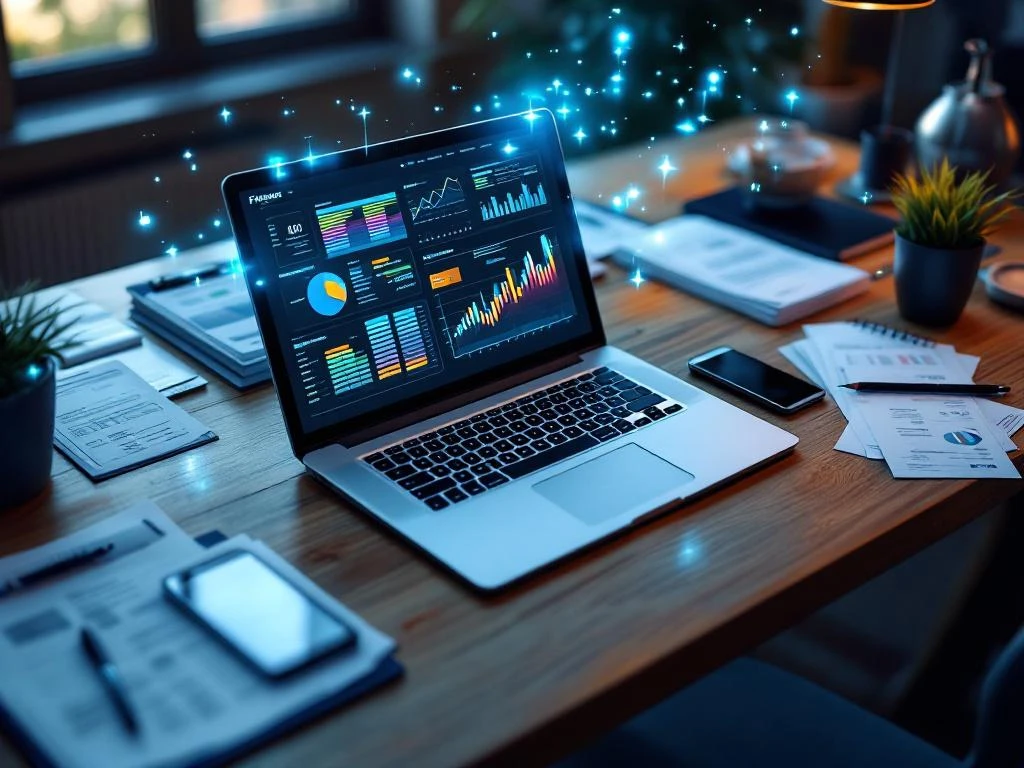 Bovenaanzicht van laptop met financiële grafieken terwijl documenten digitaal worden omgezet in datastromen