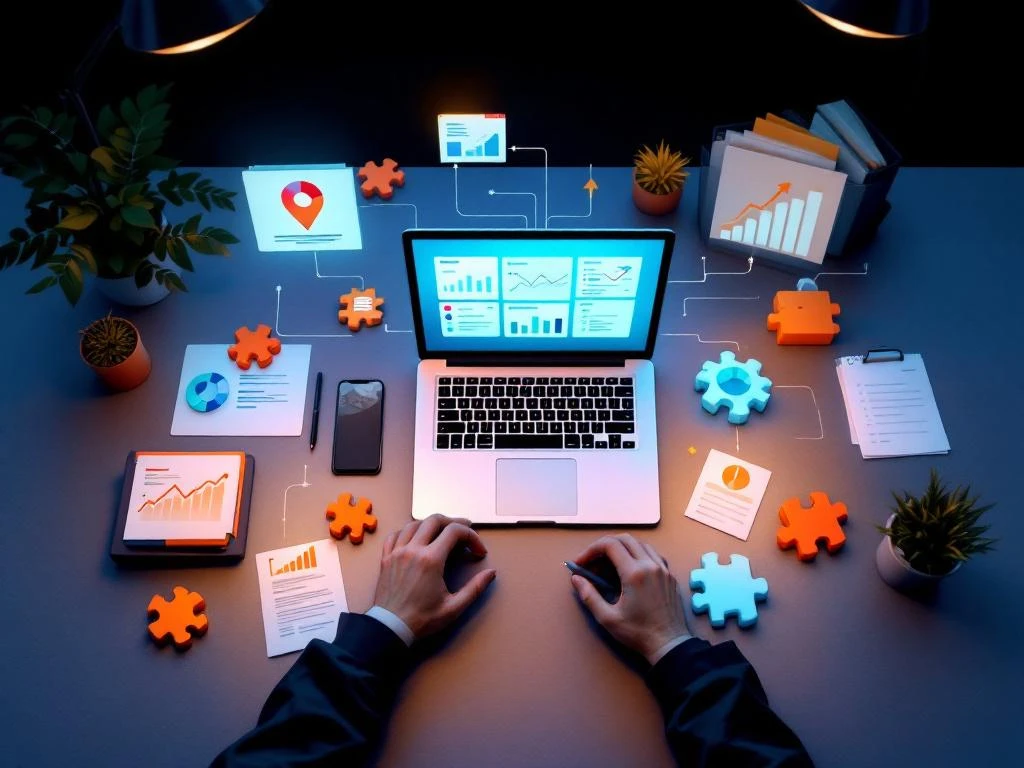 Laptop met dashboard op bureau omringd door grafieken, puzzelstukken en mappen die bedrijfsgroei en schaalbaarheid tonen