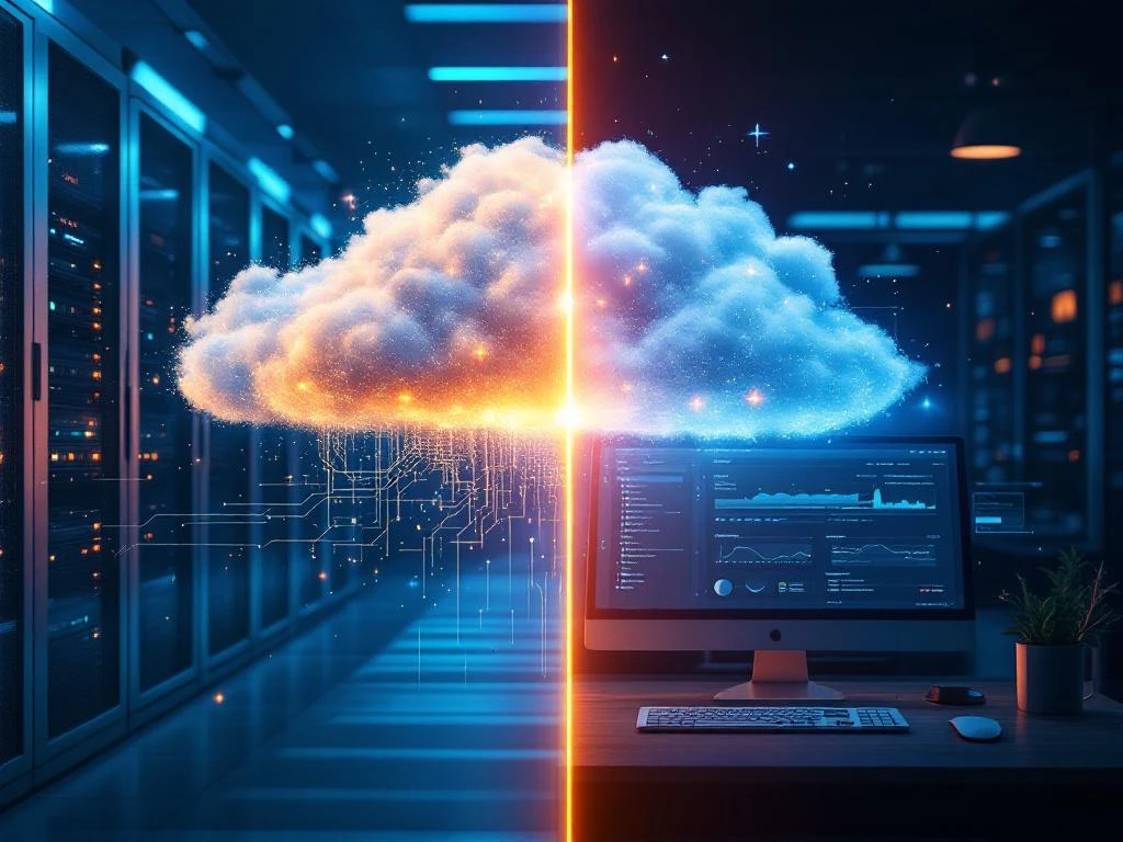 Split-screen vergelijking van cloud en lokale boekhoudsoftware met servers en desktop in contrasterende verlichting