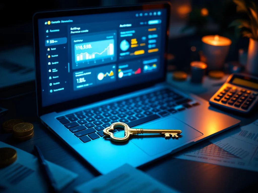 Gouden sleutel op laptop met financieel dashboard, omringd door rekenmachine en boekhoudtools in modern kantoor
```
Character count: 117
```
