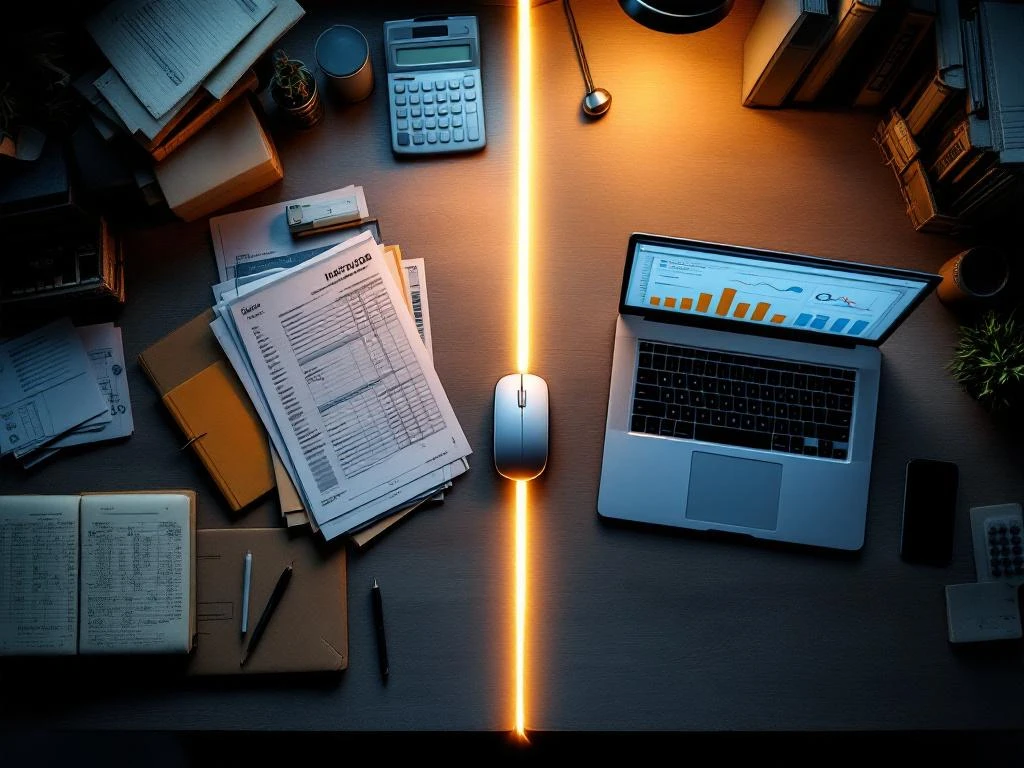 Bovenaanzicht bureau verdeeld tussen oude papieren boekhouding en moderne laptop met financiële dashboards