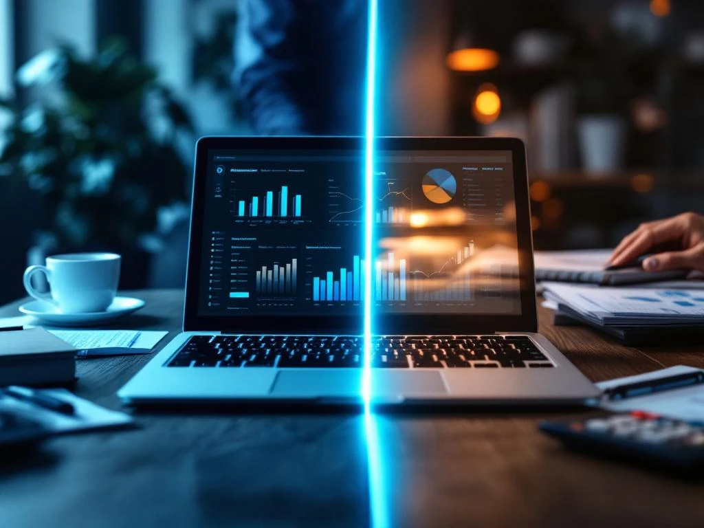 Laptop met boekhoudingssoftware versus traditioneel bureau met rekenmachine en financiële documenten, gescheiden door lichtlijn