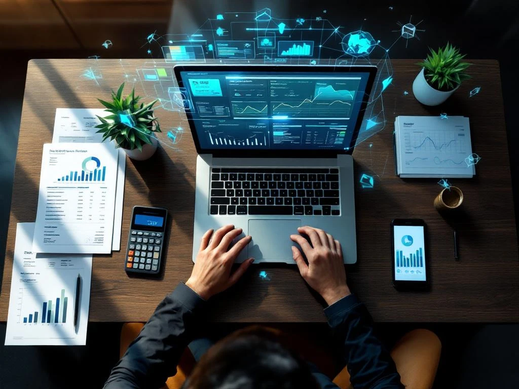 Laptop met financiële dashboards op modern bureau met calculator, facturen en smartphone met grafieken