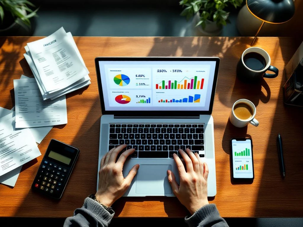 Laptop met financieel dashboard, calculator, facturen en koffie op modern bureau met natuurlijk licht