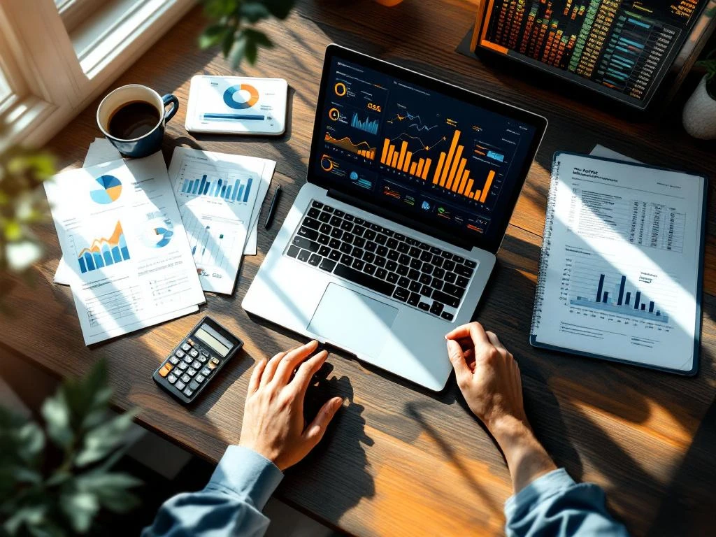 Laptop met financiële dashboards op houten bureau met calculator, documenten, koffie en tablet voor zakelijke boekhouding