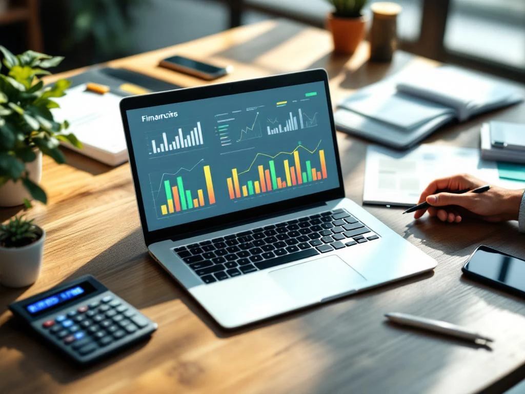 Laptop met financiële grafieken op bureau met calculator, facturen en documenten voor boekhoudkundige werkzaamheden