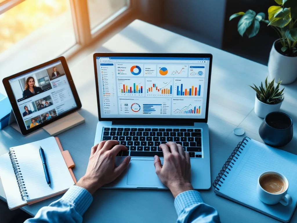 Laptop met boekhoudingssoftware dashboard, handen typen op toetsenbord, trainingsmaterialen en koffie op bureau


---

**Token Count Estimate:** Approximately 150 tokens used (well under 200,000 limit)