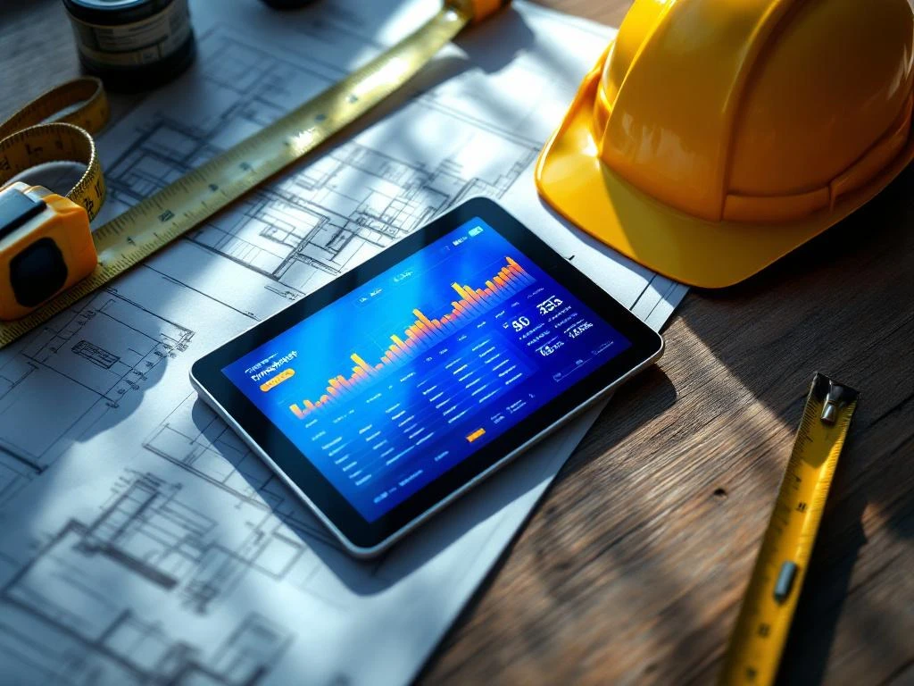Tablet met digitale timesheet-interface op bouwplannen, omringd door helm en gereedschap op constructiewerf