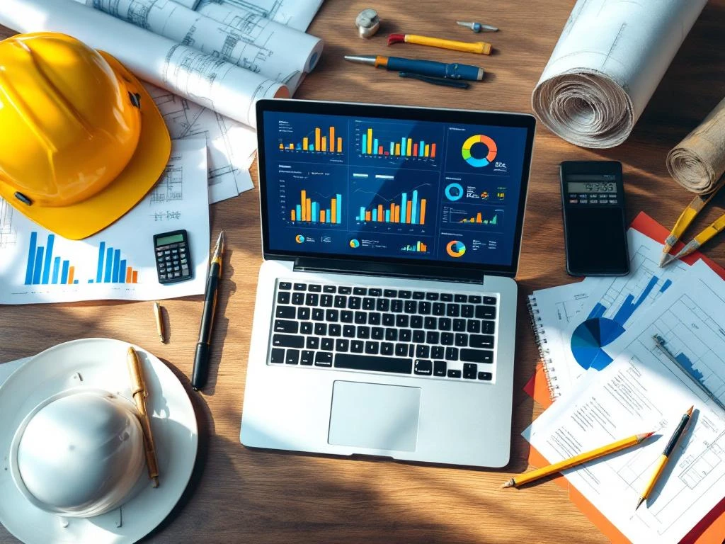 Laptop met financiële dashboards op bouwplaats bureau met blauwdrukken, helm en gereedschap