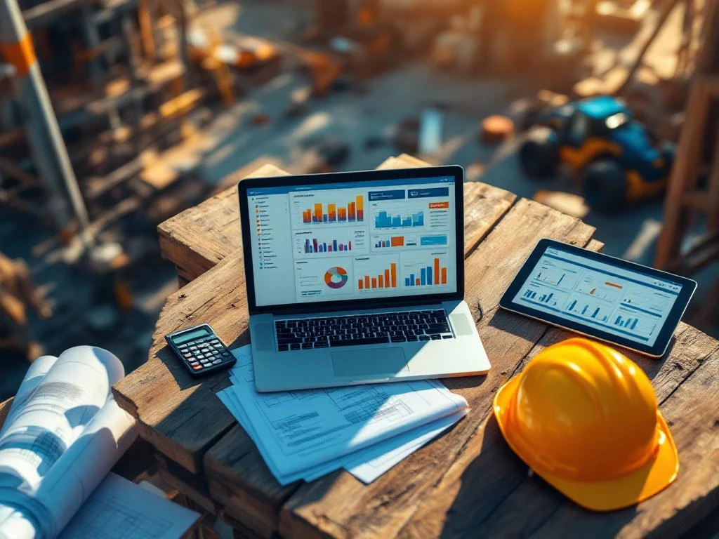 Laptop met financiële dashboards op bouwplaats met blauwdrukken, helm en tablet met projecttijdlijnen