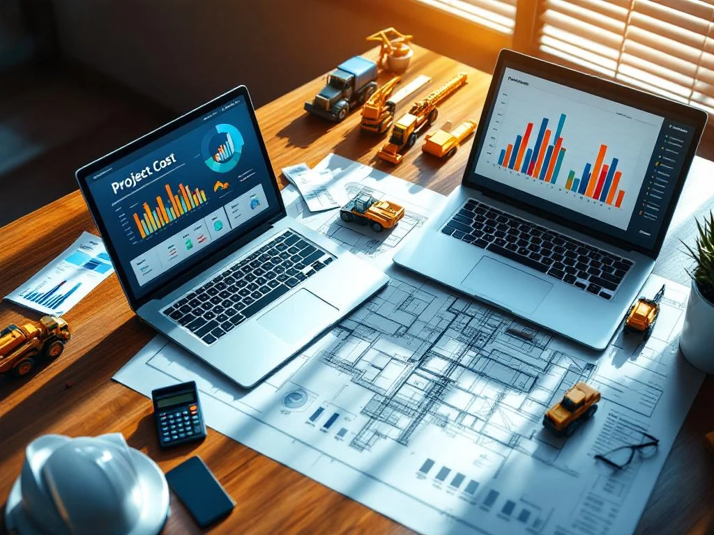 Bouwplaatblauwdruk op bureau met laptop met financiële grafieken, rekenmachine en miniatuurbouwmaterieel