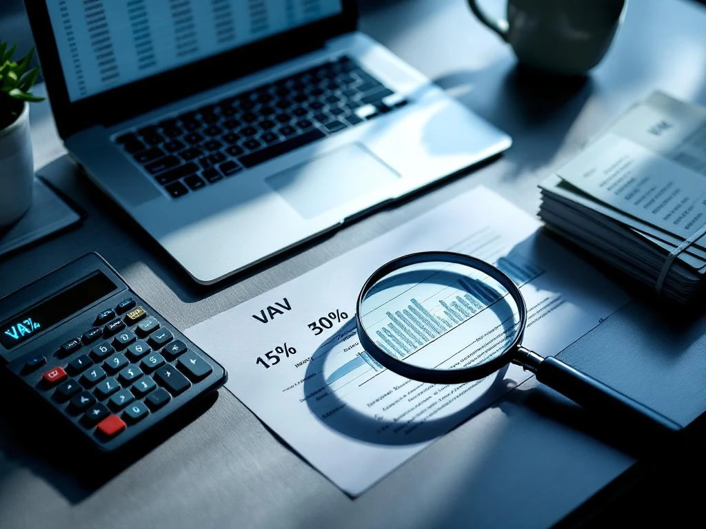Vergrootglas over financiële berekeningen op bureau met laptop, rekenmachine en BTW-documenten