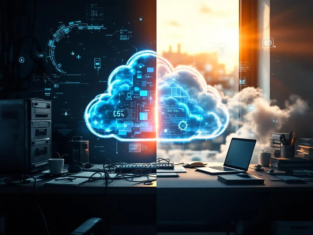 Gesplitst scherm toont contrast tussen rommelig kantoor met oude computer en moderne laptop in verlichte cloud-omgeving