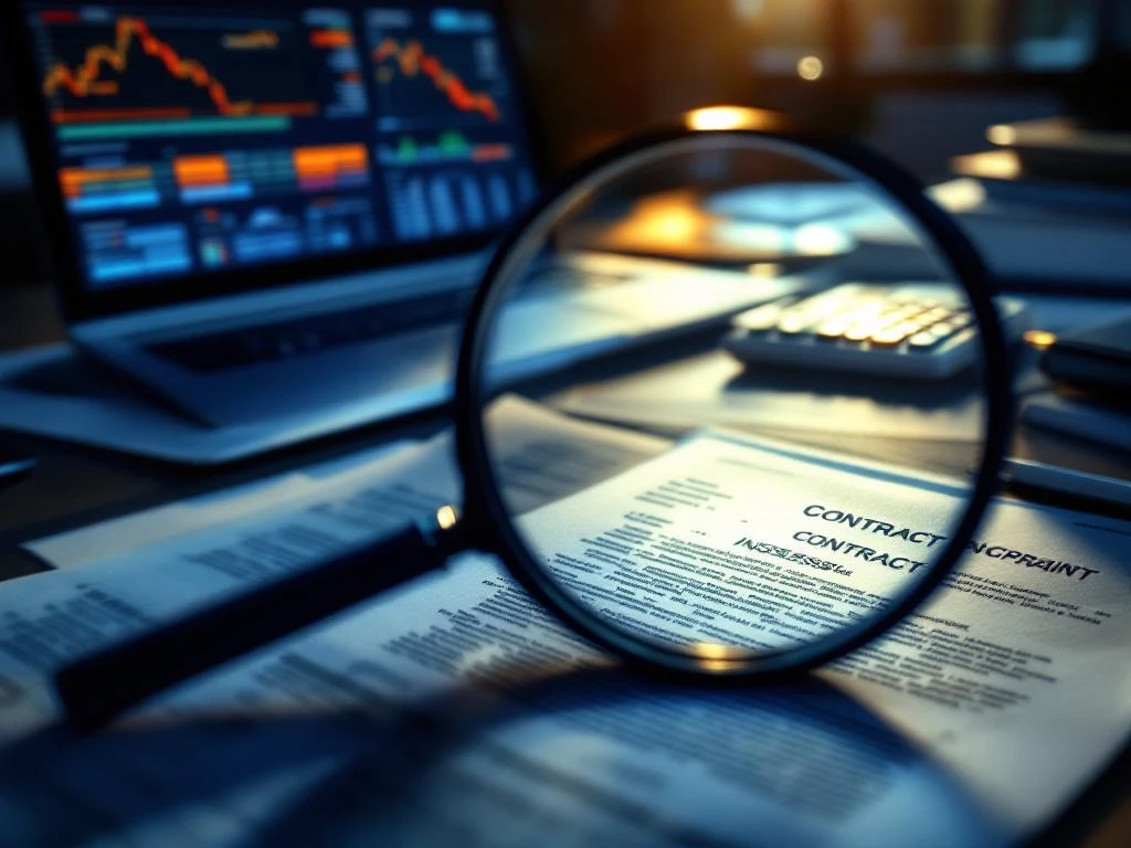 Vergrootglas onthult kleine lettertjes op contract met laptop, facturen en rekenmachine op bureau in professioneel kantoor