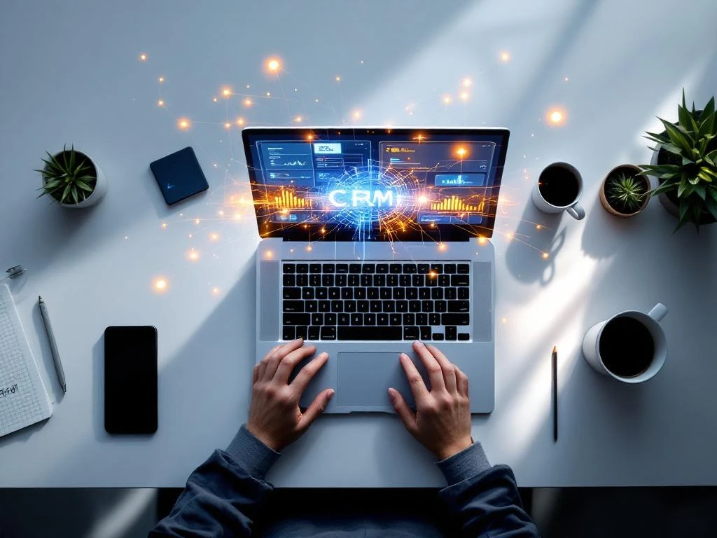 Laptop met holografische datastromen tussen CRM en boekhoudsystemen op modern bureau met smartphone en koffie