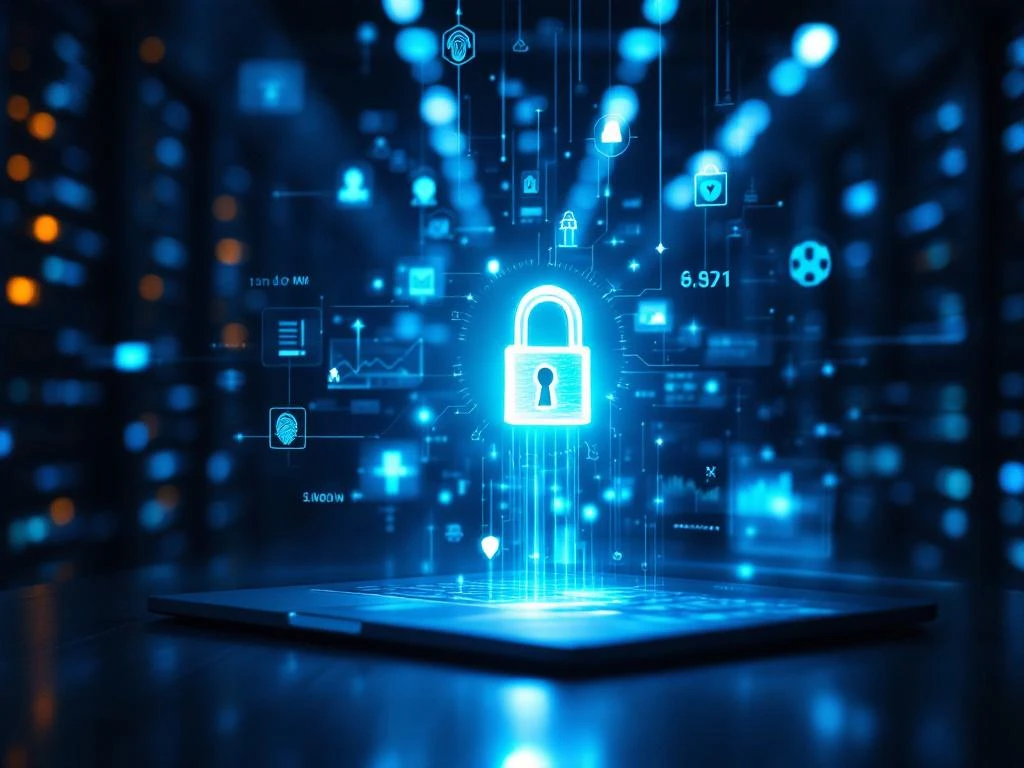 Gloeiend digitaal hangslot boven laptop met financiële spreadsheets, omringd door zwevende beveiligingspictogrammen


Note: This alt text is 120 characters and captures the essential elements while staying within the character limit.
