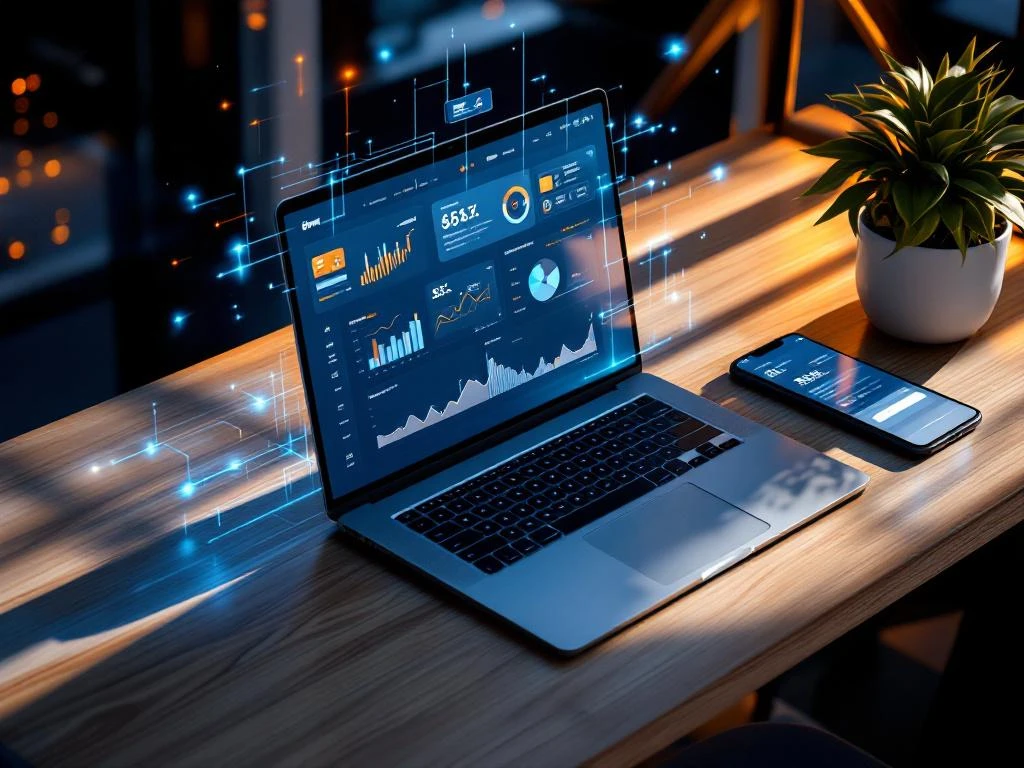 Laptop met financieel dashboard, bankpas en smartphone met digitale verbindingslijnen voor automatische datasynchronisatie


Note: This alt text is 124 characters and describes the key elements while maintaining SEO value for digital banking integration concepts.