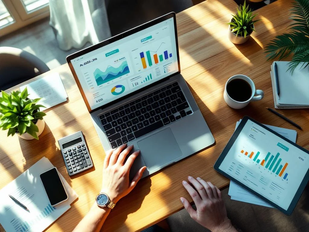 Laptop met financiële dashboards op bureau, omringd door calculator, documenten, tablet en koffie in natuurlijk licht.