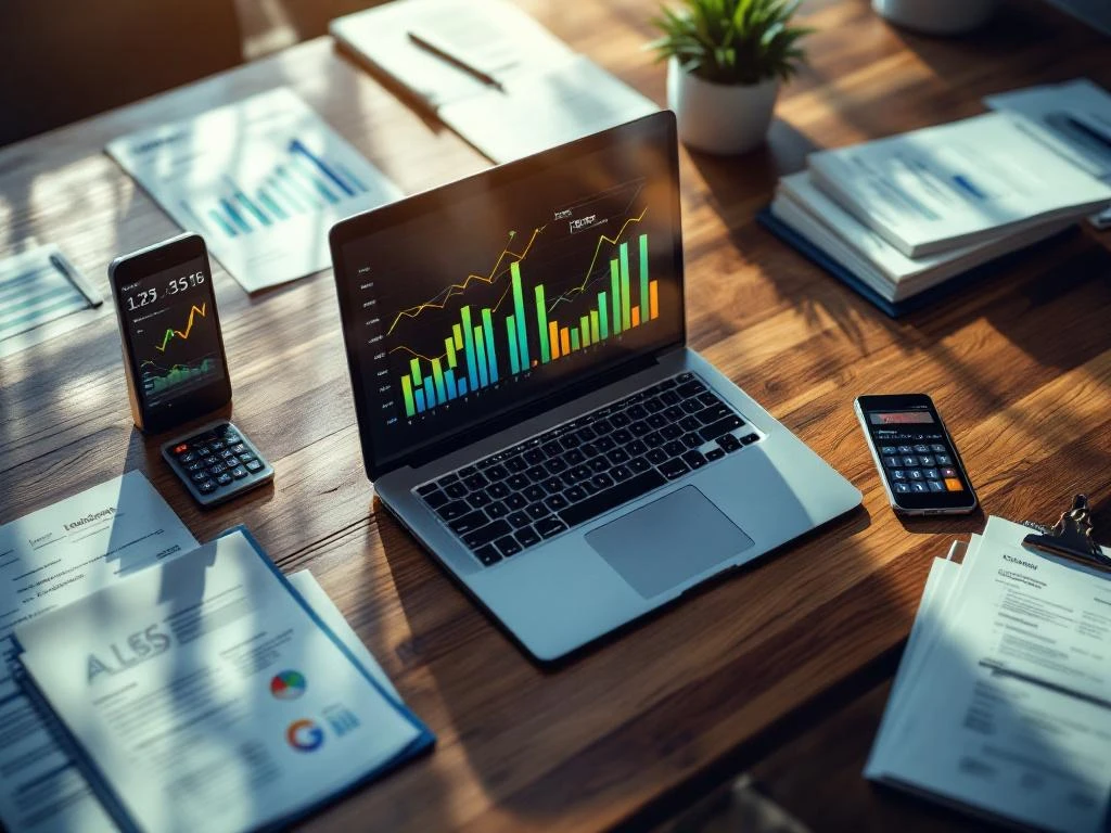 Laptop met financiële grafieken op houten bureau omringd door documenten, rekenmachine en smartphone met data