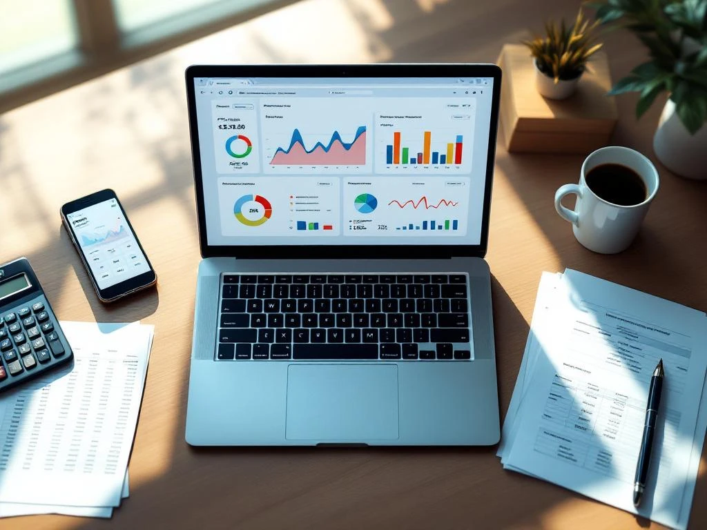 Modern bureaublad met laptop met financiële dashboards, smartphone, rekenmachine en documenten met spreadsheets