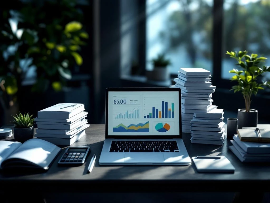 Laptop met financieel dashboard op modern bureau omringd door gestapelde documenten, calculator en plant die groei symboliseren