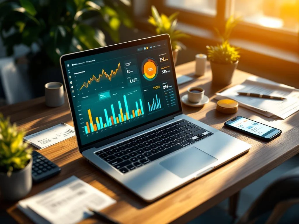 Laptop met financiële dashboards, grafieken en datavisualisaties, omringd door rekenmachine, facturen en smartphone op bureau