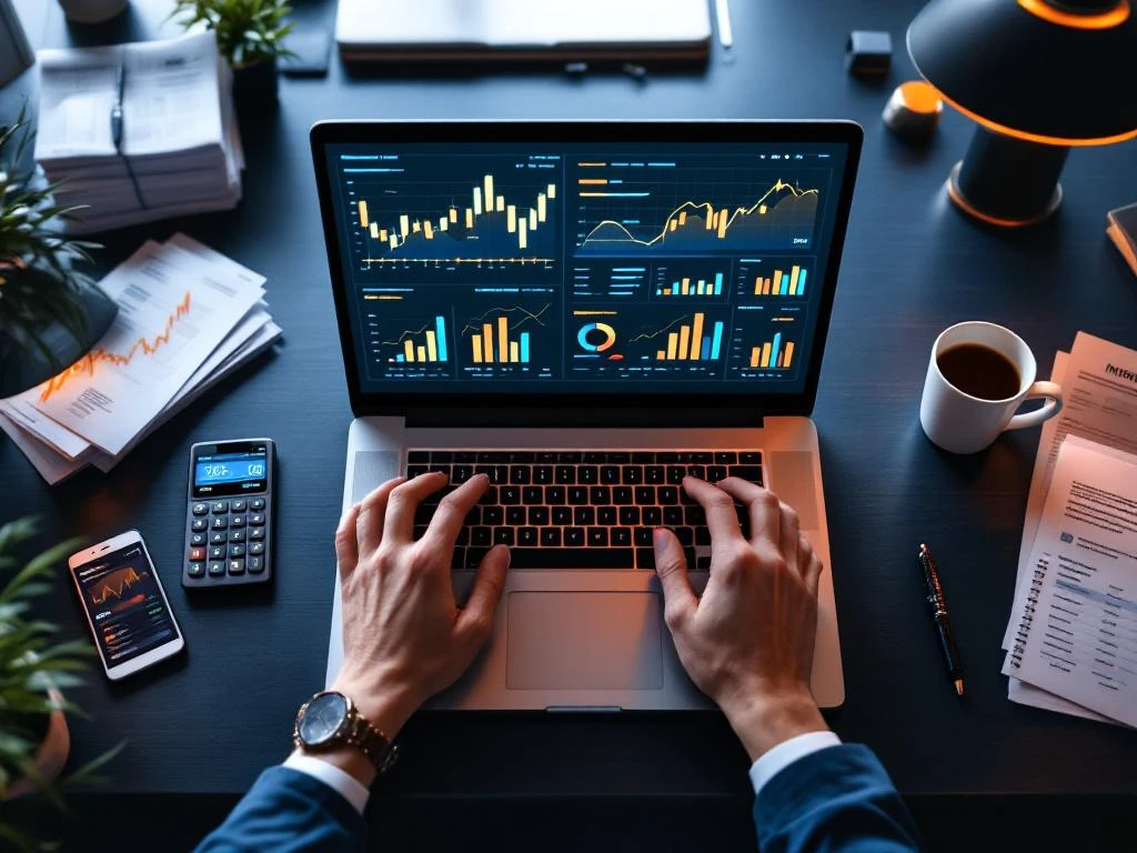 Laptop met financiële grafieken op modern bureau met calculator, facturen en smartphone met dashboardmetrics