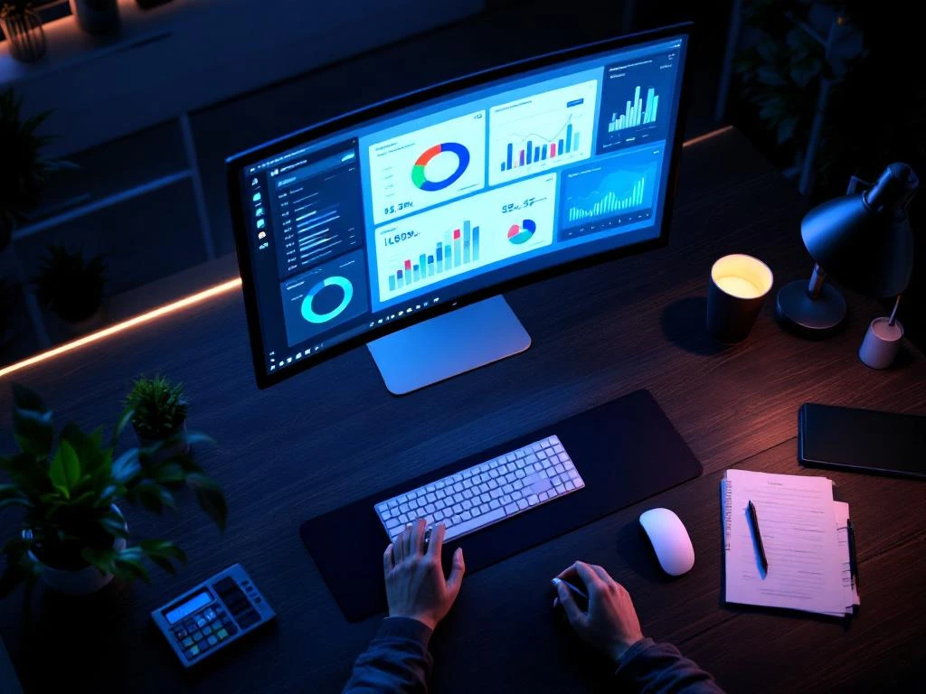 Computermonitor met financiële dashboards, grafieken en datavisualisaties op donker houten bureau met toetsenbord en koffie