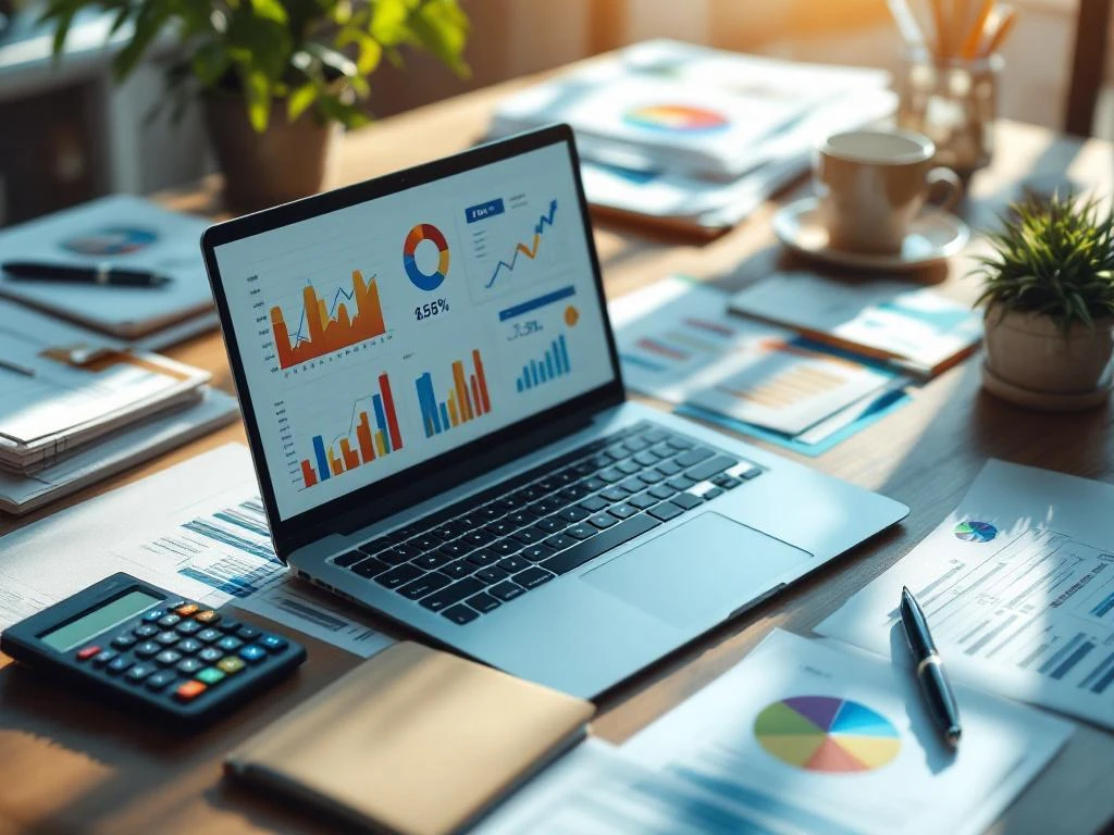 Laptop met financiële grafieken op bureau met rekenmachine, facturen en koffie in modern kantoor