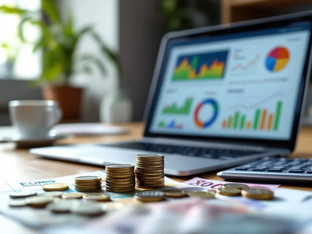 Laptop met financiële grafieken, eurobiljetten, munten en rekenmachine op bureau voor budgetbeheer
