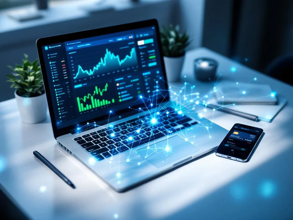 Laptop met financieel dashboard, bankpas en smartphone verbonden door blauwe digitale datalijnen op wit bureau