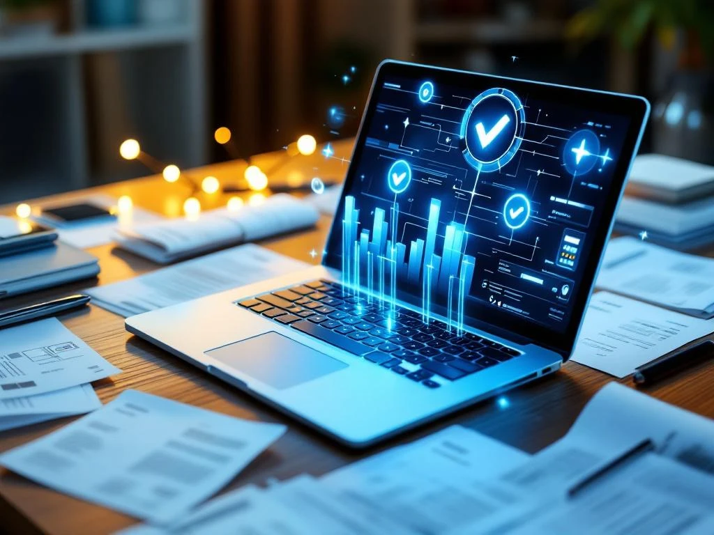 Laptop met geautomatiseerde factuurverwerkingssoftware en digitale datastromen op modern bureau met papieren facturen