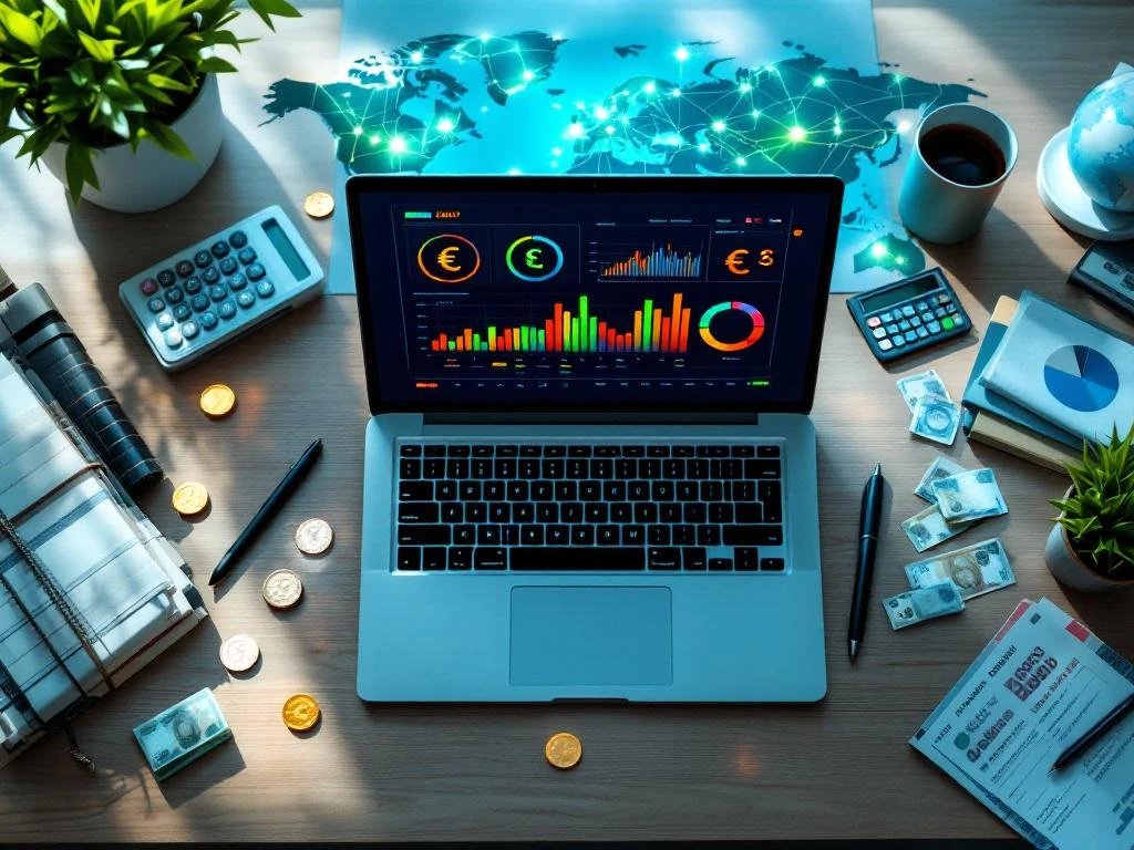 Laptop met financiële dashboards en valutasymbolen op bureau met wereldkaart, bankbiljetten en zakelijke documenten