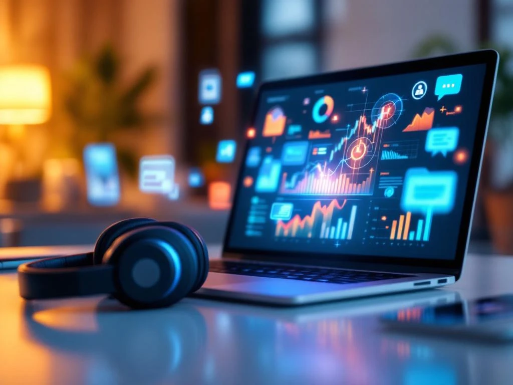 Laptop met financiële dashboards en grafieken, headset voor klantenservice, holografische chat- en telefoonpictogrammen


Note: This alt text is 122 characters and describes the key elements while maintaining SEO value for customer support/service context.