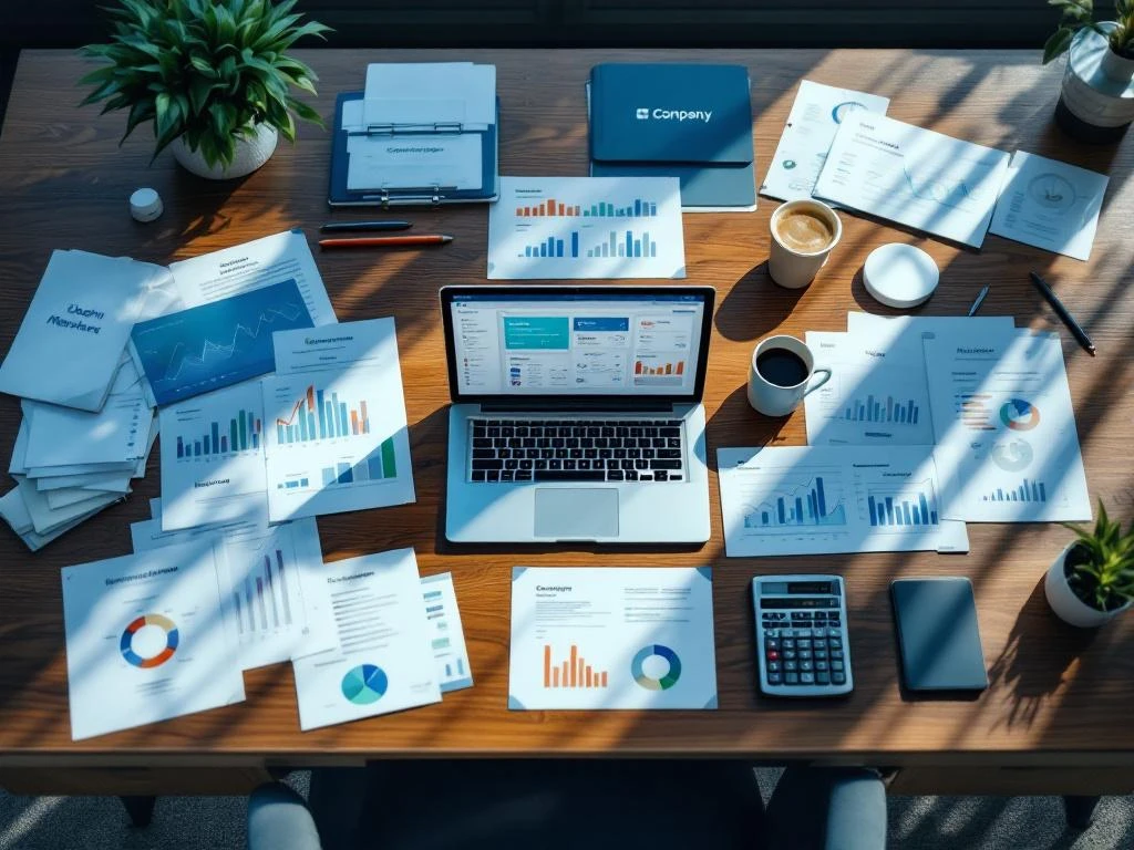 Laptop met bedrijfsdashboard op bureau met georganiseerde documenten, mappen en calculator in bovenaanzicht