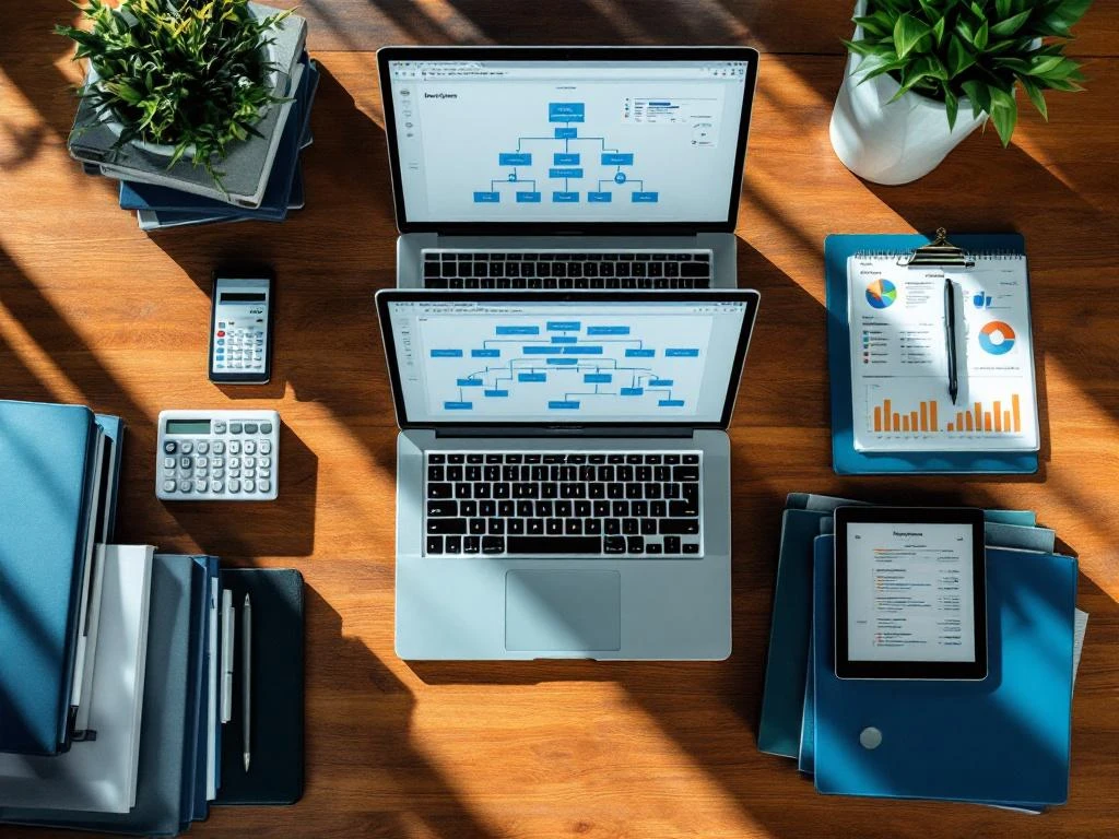 Laptop met organisatiestructuren en bedrijfsdashboards op houten bureau met calculator en financiële documenten