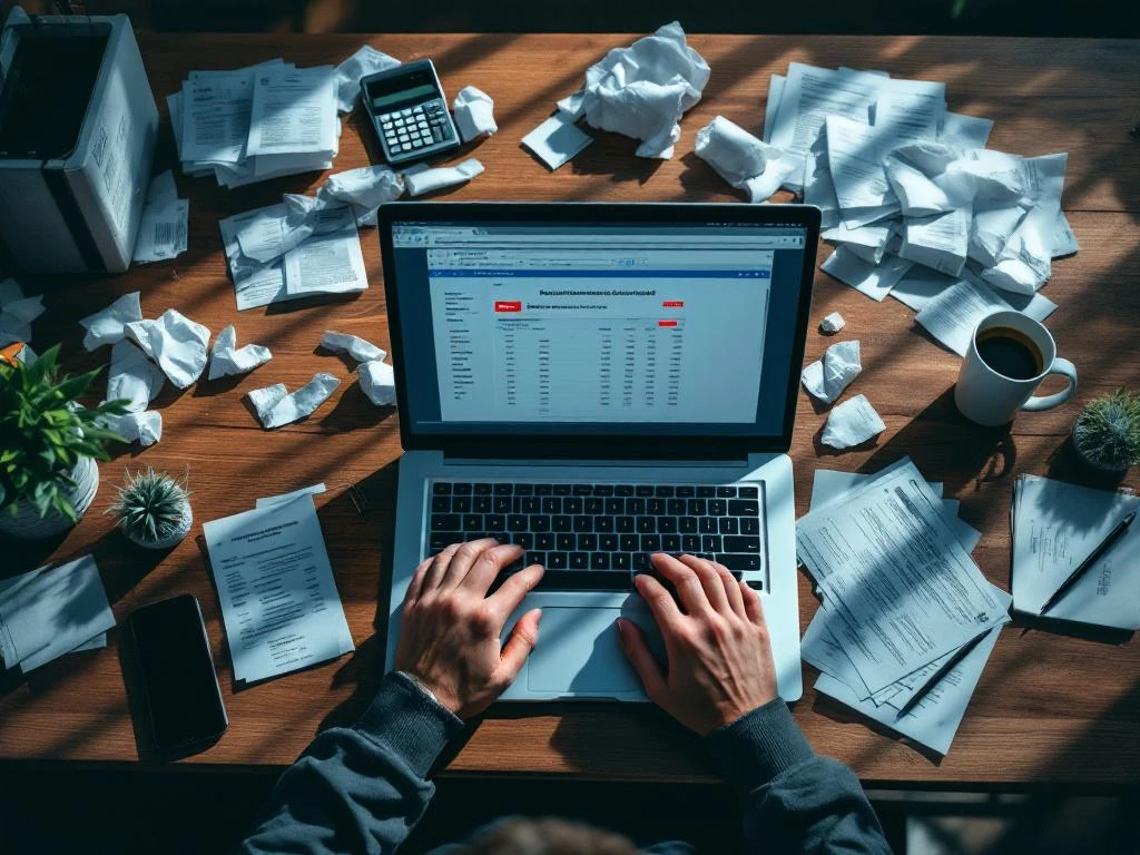 Gefrustreerde ondernemer met laptop vol spreadsheetfouten, rode waarschuwingen en rommelig bureau met bonnetjes