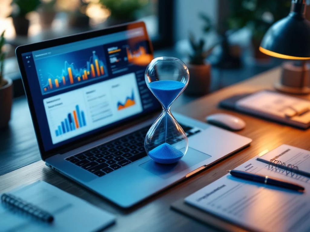 Werkruimte met laptop met dashboard-analyses, zandloper met blauw zand, kalender en documenten van bovenaf gefotografeerd