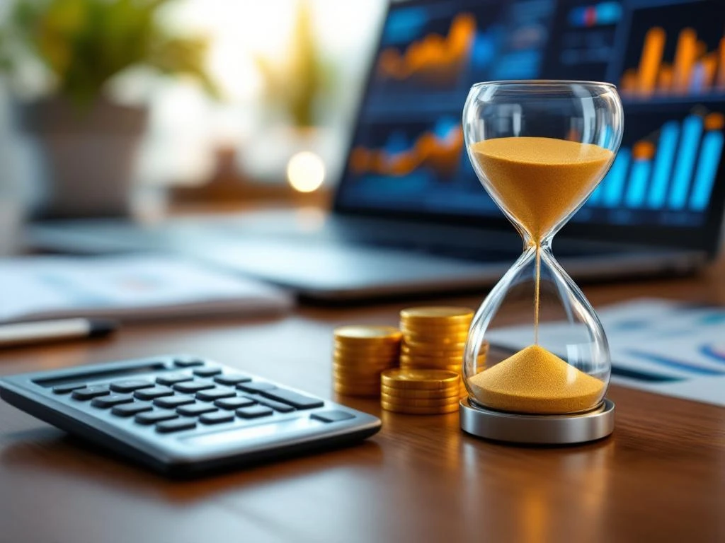 Rekenmachine en zandloper op bureau met gouden munten en financiële grafieken voor ROI-analyse