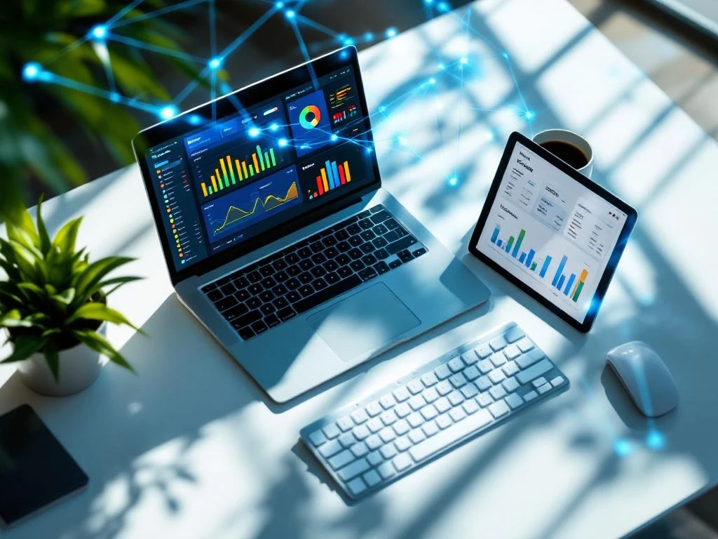 Laptop met tijdregistratie-dashboard en tablet met boekhoudsoftware op modern bureau, verbonden door digitale integratielijnen