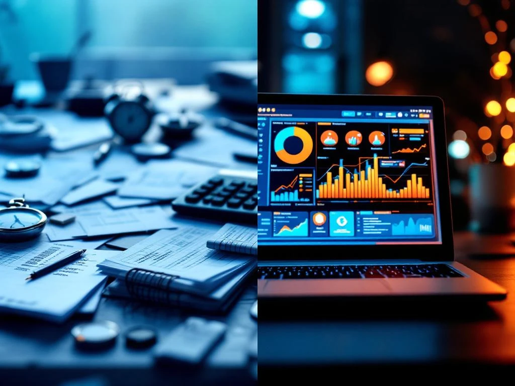 Vergelijking van rommelig bureau met papieren urenstaten en moderne laptop met geïntegreerd dashboard