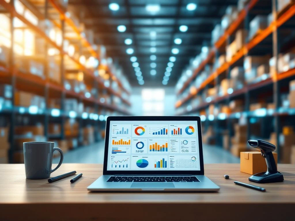 Laptop met voorraadbeheersoftware op bureau in modern magazijn met verlichte stellingen op achtergrond