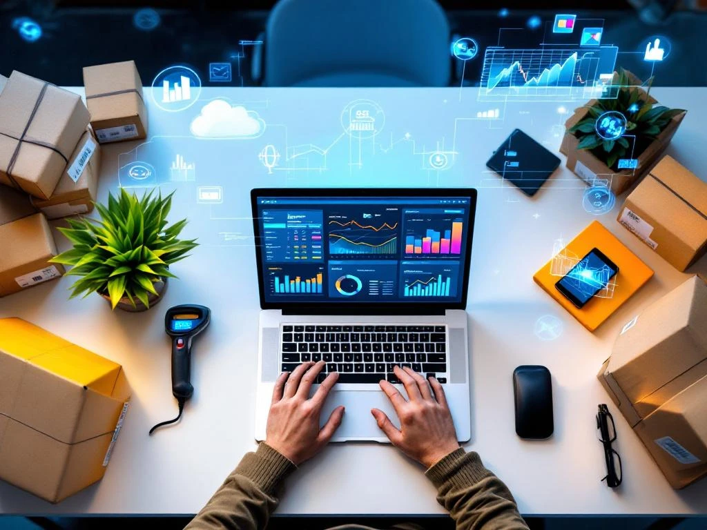 Laptop met voorraad- en financiële dashboards op bureau met barcodeproducten en holografische datavisualisaties