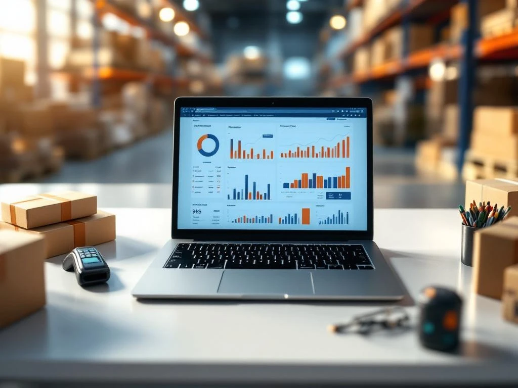 Laptop met financiële spreadsheets en grafieken op bureau omringd door voorraadbeheer items in modern magazijn