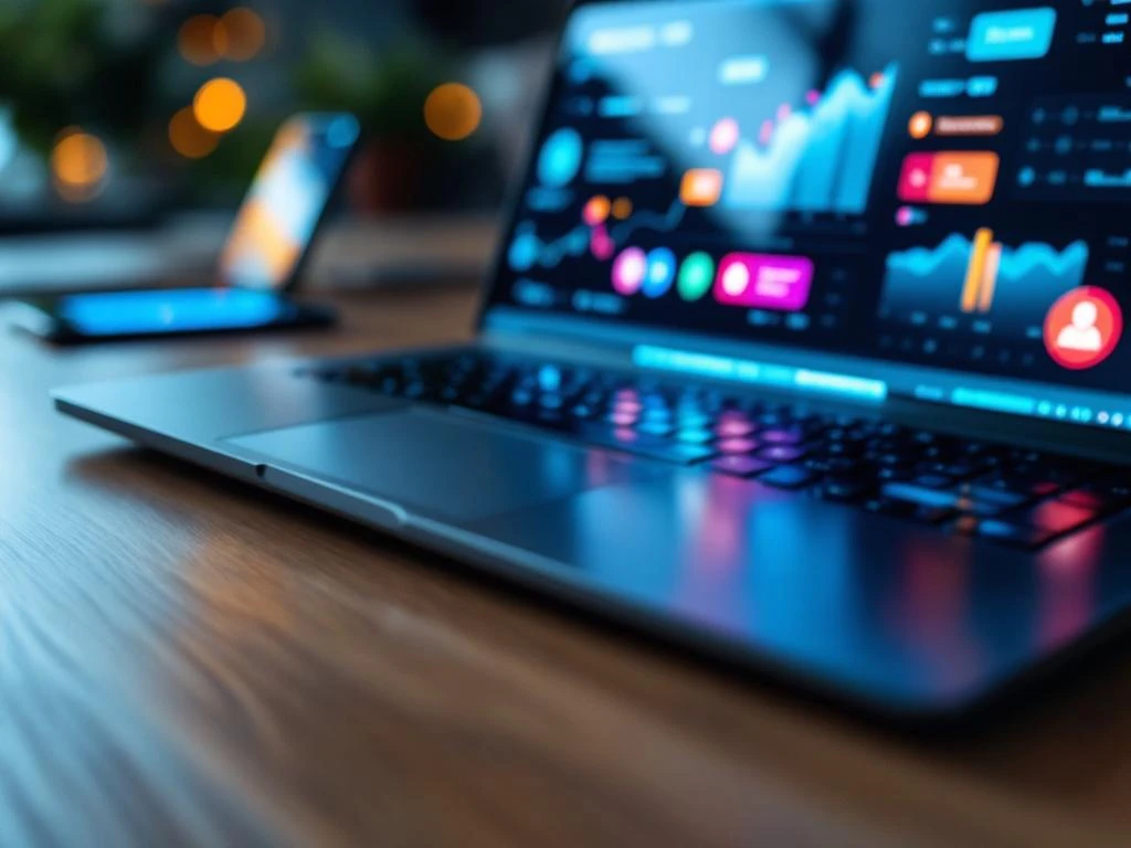 Laptopscherm met boekhoudingssoftware die meldingspictogrammen en financiële grafieken toont op houten bureau