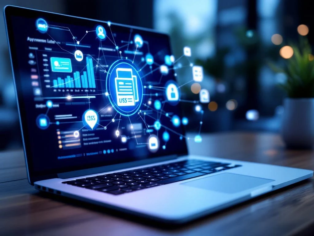 Laptop met boekhoudingsoftware en holografische betalingsiconen op houten bureau, digitale factuurintegratie concept