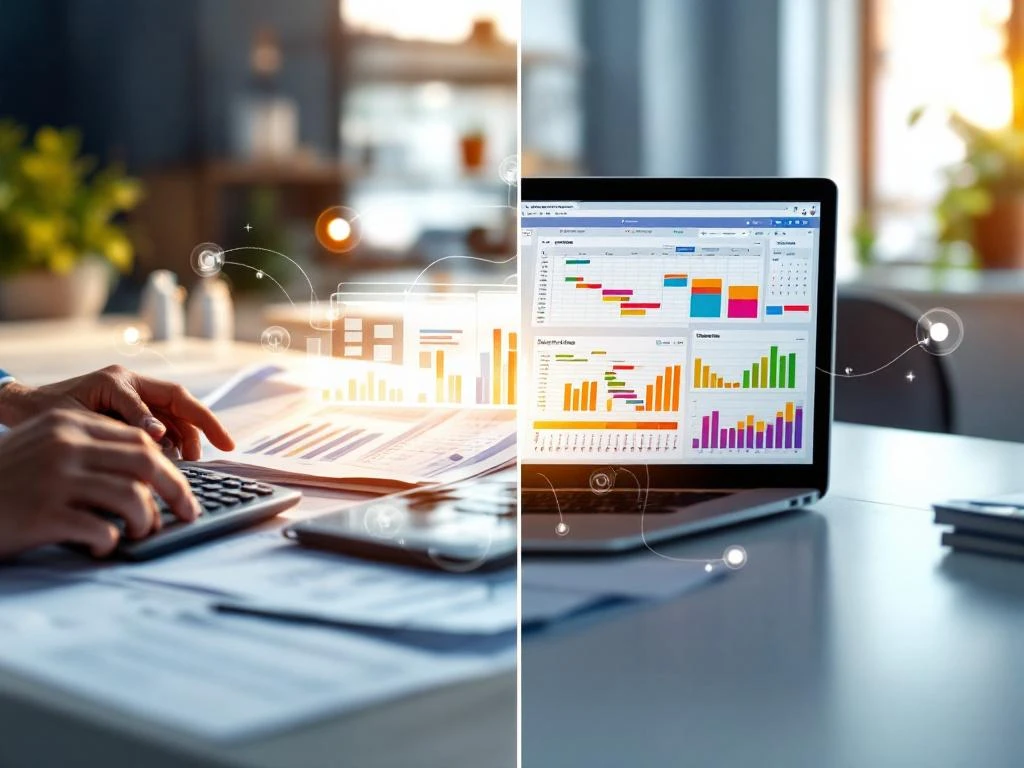 Splitscreen toont traditionele rekenmachine en papieren boeken links, laptop met digitale planningscharts rechts