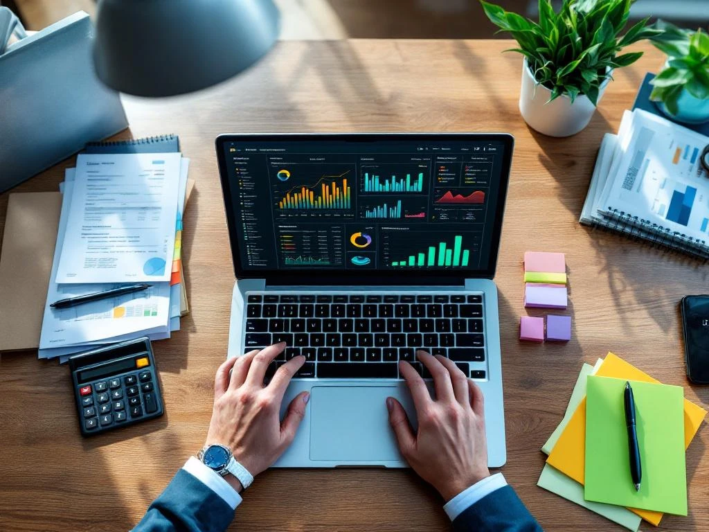 Laptop met financiële grafieken op bureau met rekenmachine, facturen en gekleurde notities in modern kantoor