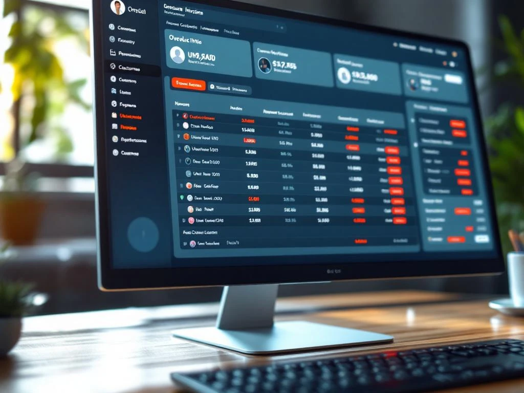Computerscherm met boekhoudingssoftware die rode, achterstallige facturen toont op professioneel dashboard